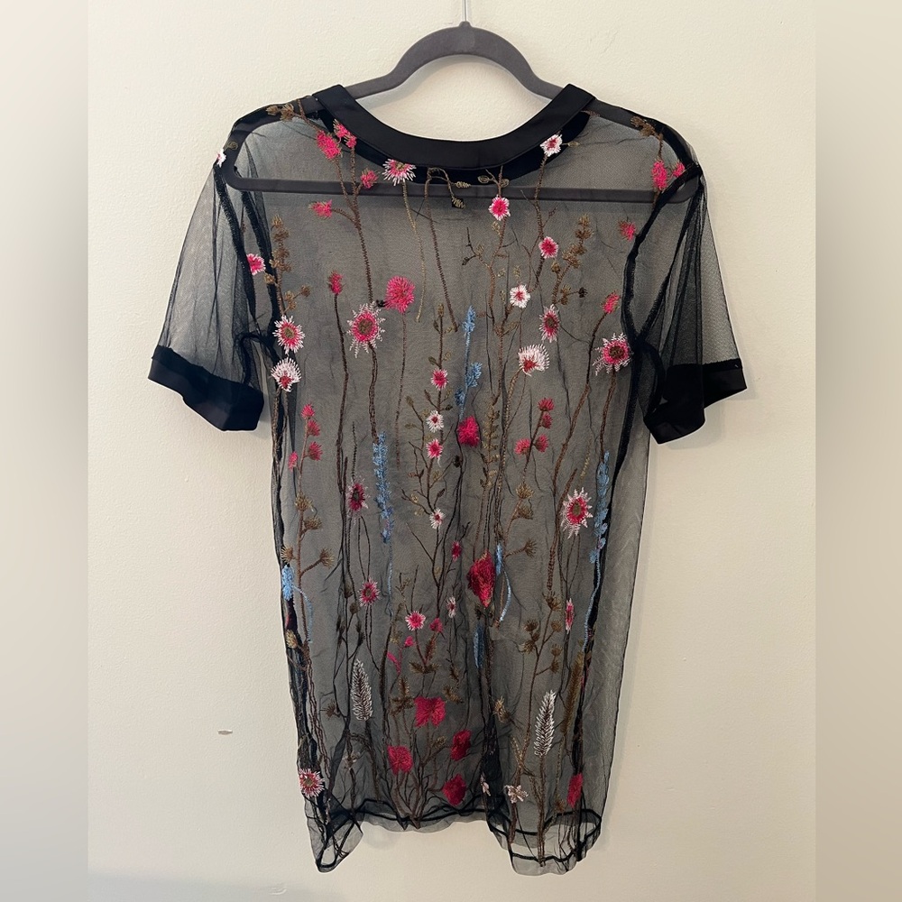 24hr SALE 🔥 Floral Embroidered Sheer Black Shirt Tunic